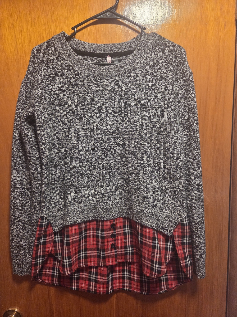 Love By Design Black & White Knit Sweater with Red Plaid Hem